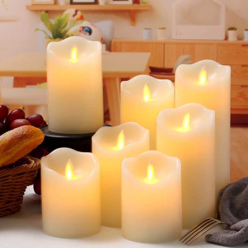 qinxiang Flameless Candles LED Candles Set of 7 (D:3" X H:4" 4" 5" 5" 6" 7" 8") Ivory Real Wax Pillar Battery Operated Candles with Dancing LED Flame 10-Key Remote and Cycling 24 Hours Timer