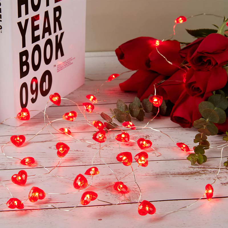 HOOJO 10FT 40 LED Valentines Day Lights Decorations, Red Rose Copper Wire Battery Operated String Lights with 8 Modes Remote and Timer for Bedroom, Wedding, Anniversary, Indoor Outdoor Decor Home & Garden > Decor > Seasonal & Holiday Decorations HOOJO Red heart  
