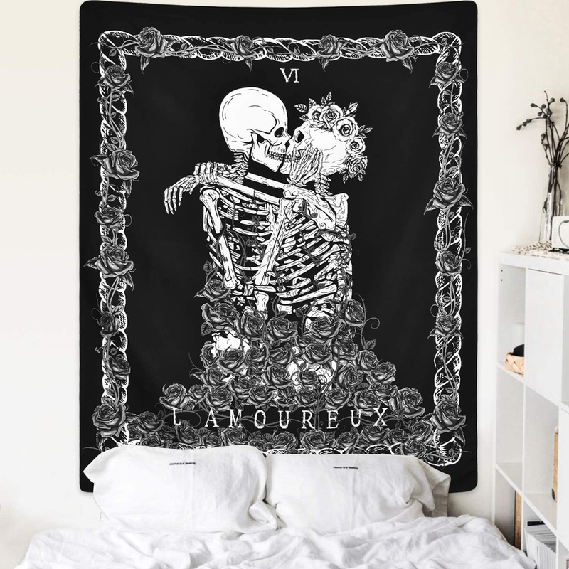 Skull Tapestry The Kissing Lovers Tapestry Black Tarot Tapestry Human Skeleton Tapestry for Room Home & Garden > Decor > Artwork > Decorative Tapestries Krelymics   