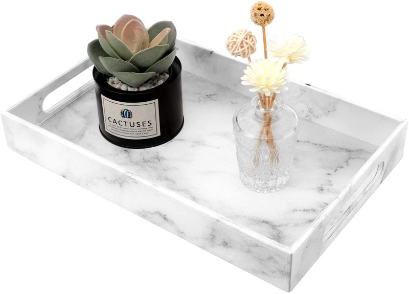 MoKo Vanity Tray, 38x24x5 cm Large Capacity PU Leather Valet Tray Tablet-Top Storage Organizer Catchall Serving Tray with Handles for Living Room Bedroom Entryway Dining-Table Countertop, White Marble Home & Garden > Decor > Decorative Trays MoKo White Marble  