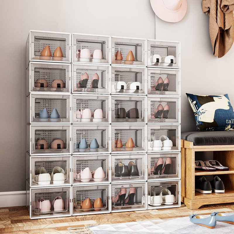Crestlive Products 24 Pack Shoe Storage Box, Plastic Foldable Shoe Box, Stackable Clear Shoe Organizer (X-Large/ White) Furniture > Cabinets & Storage > Armoires & Wardrobes Crestlive Products   