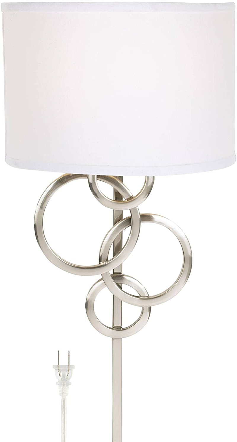Circles Modern Indoor Wall Mount Lamp Brushed Nickel Silver Plug-In Light Fixture off White Cotton Half Shade for Bedroom Bedside House Reading Living Room Home Hallway Dining - Possini Euro Design