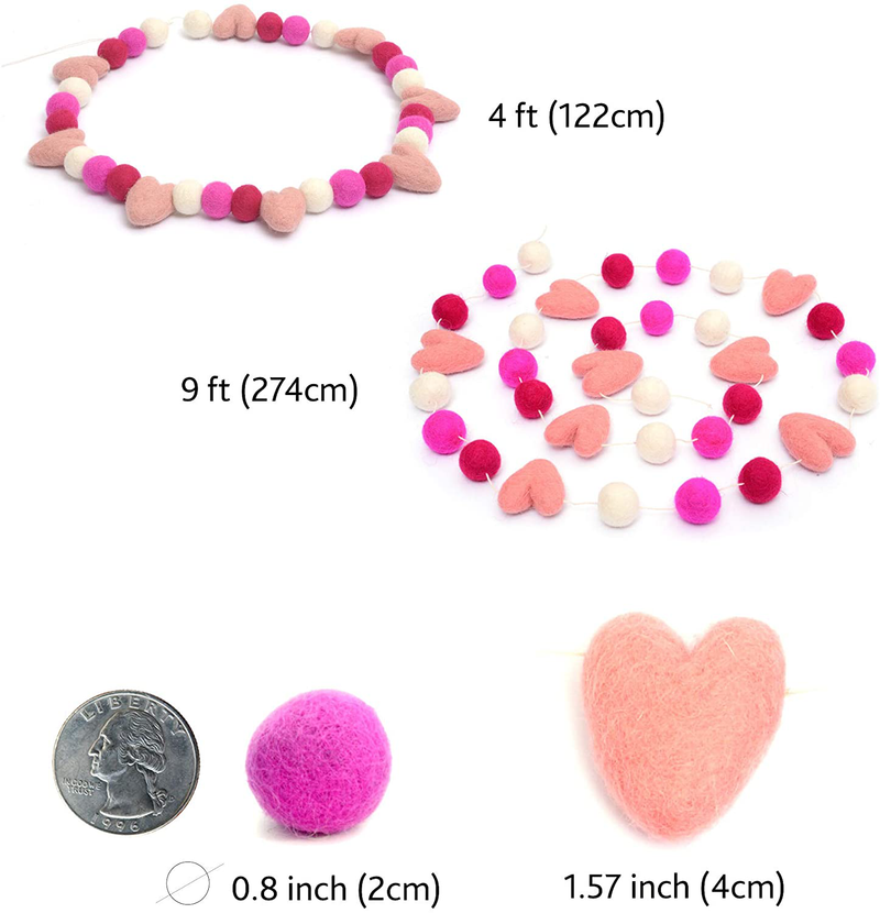 Glaciart One Pom Pom Garland - Wool Felt Ball Garland - 9 Feet, 25 Balls, 8 Hearts, 4 Valentines Colors, Pom Pom Decorations, Nursery Decor, Bunting, Birthday Party Decorations, Carnival, Photo Prop Arts & Entertainment > Party & Celebration > Party Supplies Glaciart One   