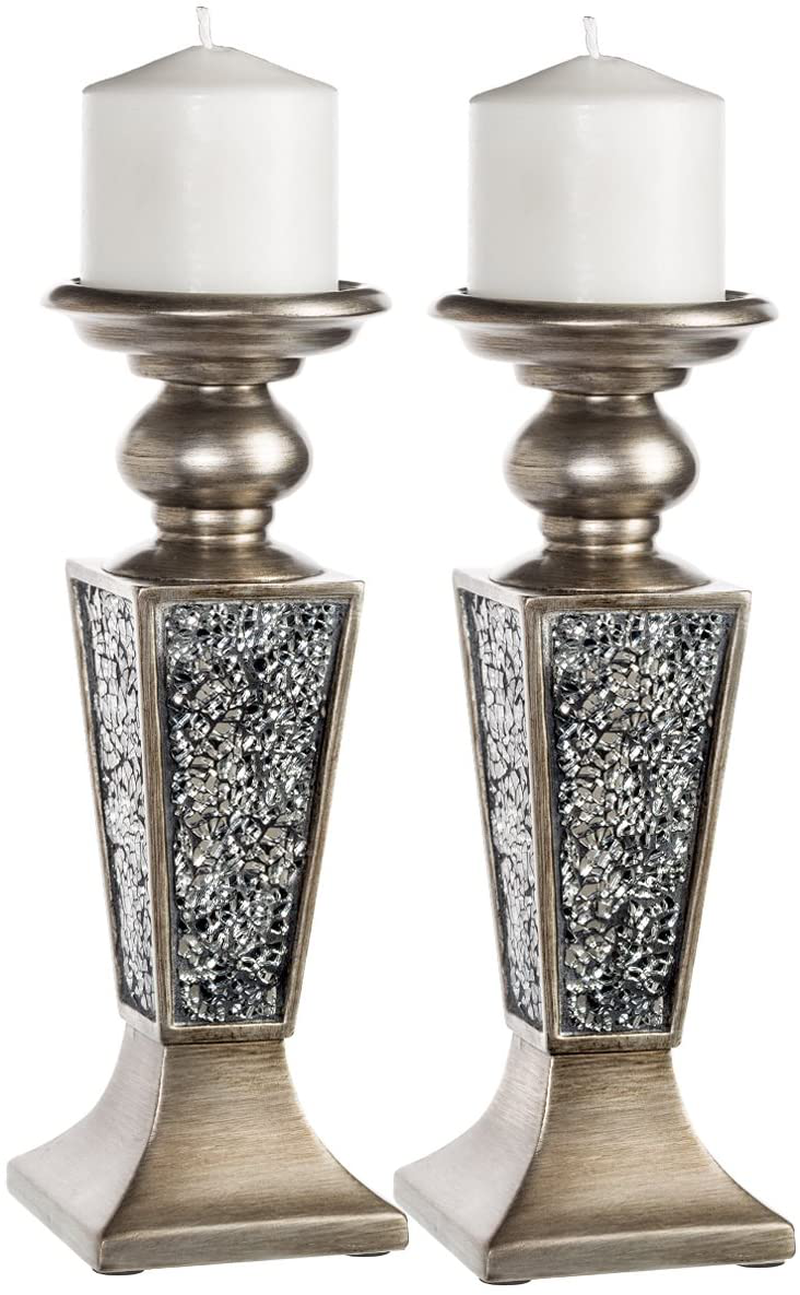 Creative Scents Schonwerk Pillar Candle Holder Set of 2- Crackled Mosaic Design- Home Coffee Table Decor Decorations Centerpiece for Dining/ Living Room- Best Wedding Gift (Silver)  Creative Scents Default Title  