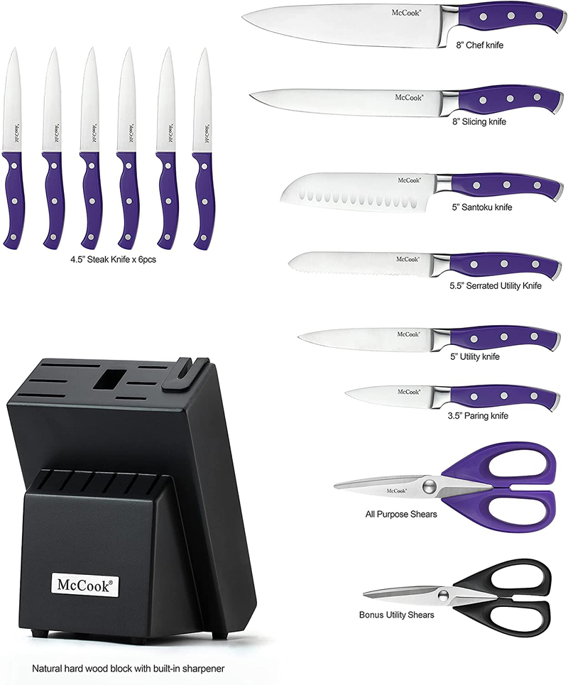 McCook MC27 14 Pieces Stainless Steel kitchen knife set with Wooden Block, Kitchen Scissors and Built-in Sharpener, Purple Home & Garden > Kitchen & Dining > Kitchen Tools & Utensils > Kitchen Knives McCook   