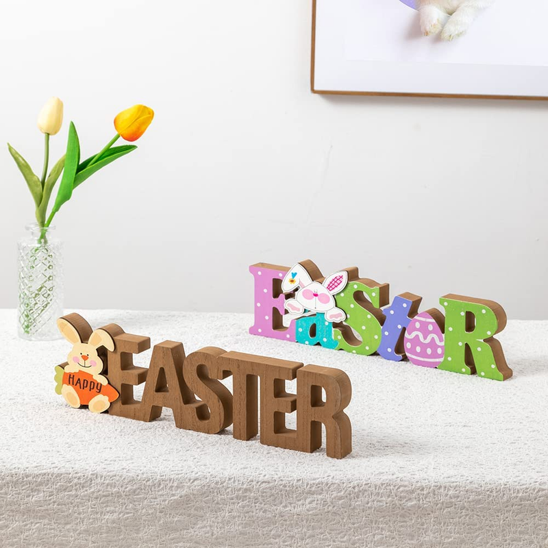 Easter Decorations for the Home, Hogardeck 2 Pcs Rustic Happy Easter Wood Sign Colorful Wooden Block Signs Table Centerpiece Farmhouse Easter Bunny Eggs Decor for Party Fireplace Tiered Tray Office Home & Garden > Decor > Seasonal & Holiday Decorations hogardeck   