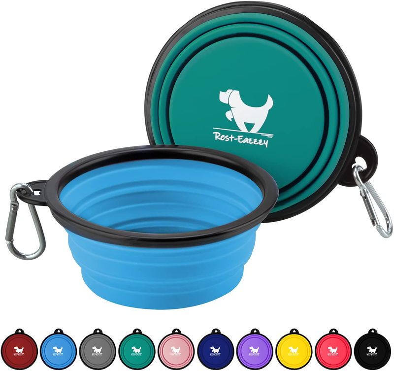 Rest-Eazzzy Expandable Dog Bowls for Travel, 2-Pack Dog Portable Water Bowl for Dogs Cats Pet Foldable Feeding Watering Dish for Traveling Camping Walking with 2 Carabiners, BPA Free  Rest-Eazzzy green&blue S 
