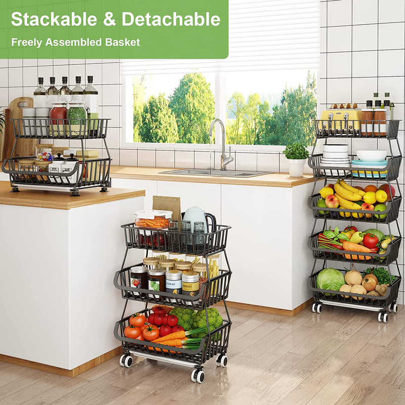 Fruit Basket for Kitchen Storage - 5 Tier Vegetable Organizer Stackable Metal Wire Baskets with Rolling Wheels Utility Bins Rack Cart for Produce Pantry Laundry Garage, Black