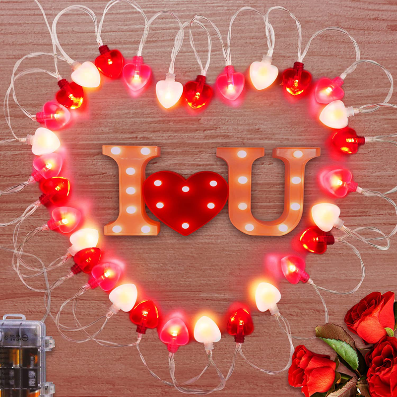 Mosoan 10FT 30 Leds Valentines Day Decor String Lights, 8 Light Modes Heart Lights Battery Operated, Valentines Day Decorations Lights for Bedroom Home Party Wedding Indoor Outdoor (Red Pink White)