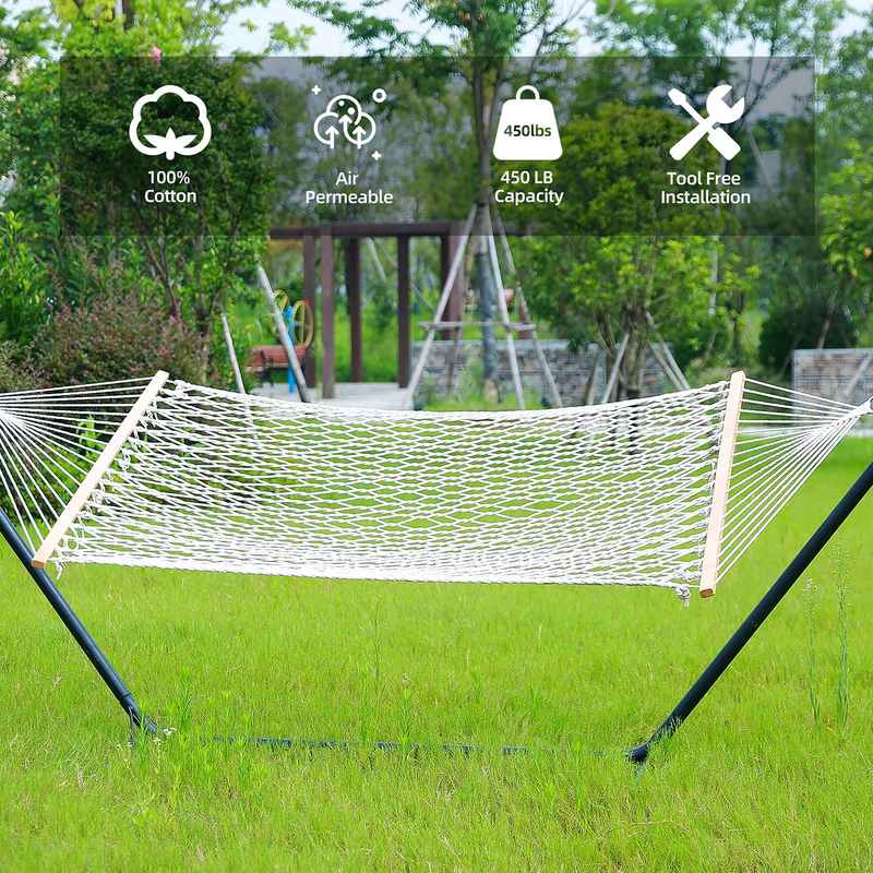 Cotton Rope Hammock with Tree Straps Kit, Ohuhu Double Hammocks for Outside with Wood Spreader, Bottle Holder & Side Pocket, All-in-One 2-Person Hammock for Indoor Outdoor, Garden Patio Yard Balcony Home & Garden > Lawn & Garden > Outdoor Living > Hammocks Ohuhu   