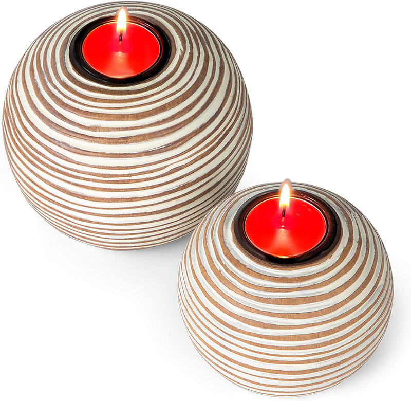 Luca Orb Candle Holders (Gift Boxed Set of 2), Table Centerpieces for Dining or Living Room, Spa, Bathroom, Kitchen Counter, Mantle or Coffee Table Decor (Grid Pattern, Beige and White) Home & Garden > Decor > Home Fragrance Accessories > Candle Holders Huey House Light Brown and White  
