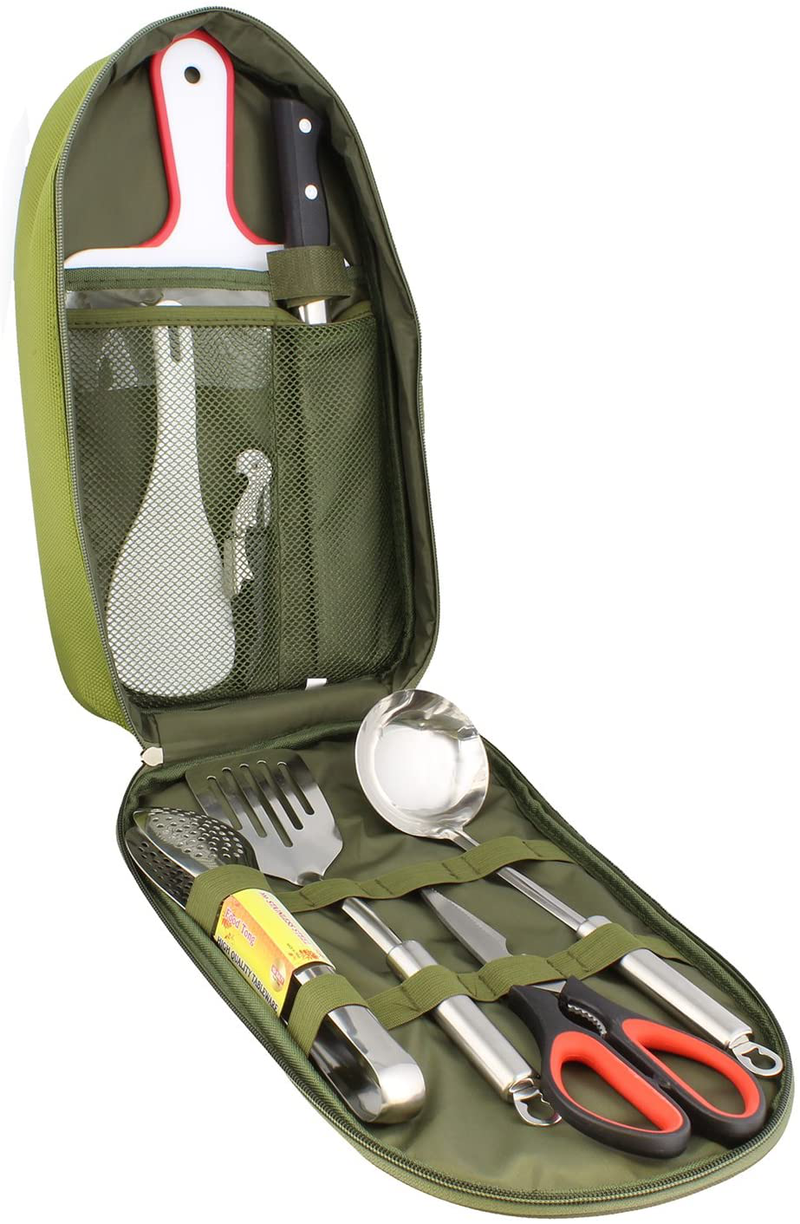 Redneck Convent Camping Utensils Outdoor Cooking Camping Accessories 8-Piece Kitchen Travel Cookware Set in Compact Portable Bag Sporting Goods > Outdoor Recreation > Camping & Hiking > Camping Tools Redneck Convent Green  