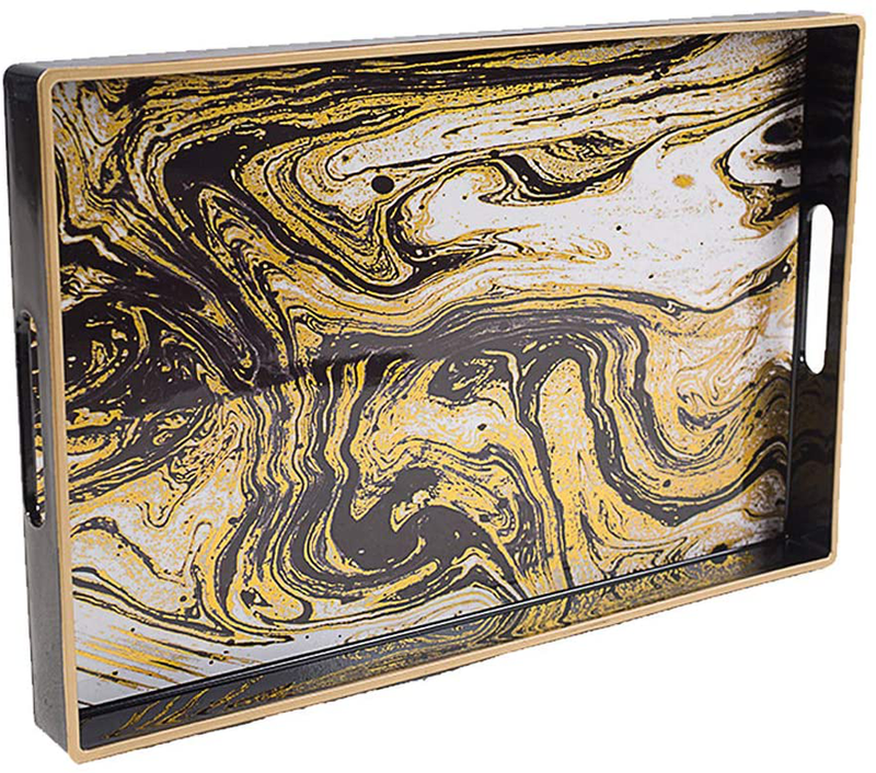 MAONAME Plastic Decorative Tray, Rectangular Marbling Tray with Handles, Coffee Table Serving Tray for Ottoman, Bathroom, Storage | 15.7" Lx 10.2" W X 1.57" H Home & Garden > Decor > Decorative Trays MAONAME Wipe Gold Black 1 