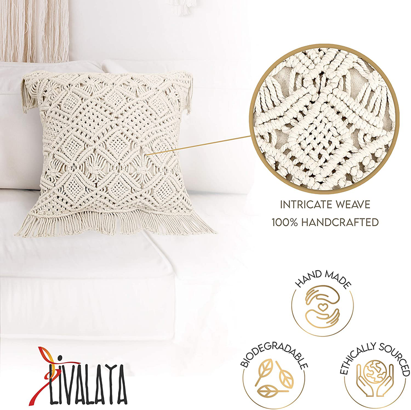 Livalaya Macrame Pillow Covers, 17 Inches Set of 2 Ivory Boho Throw Cushion Case, Farmhouse Woven Bohemian Pillow Covers with Tassels for Bed Sofa Couch Bench, Boho Home Decor, Decorative Pillowcase Home & Garden > Decor > Seasonal & Holiday Decorations Livalaya   