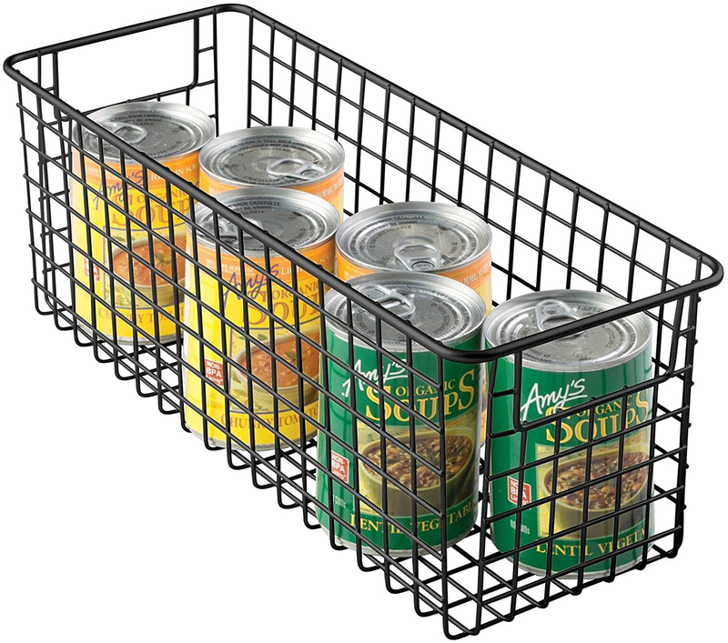 mDesign Narrow Farmhouse Decor Metal Wire Food Storage Organizer Bin Basket with Handles for Kitchen Cabinets, Pantry, Bathroom, Laundry Room, Closets, Garage - 16" x 6" x 6" - Matte Black