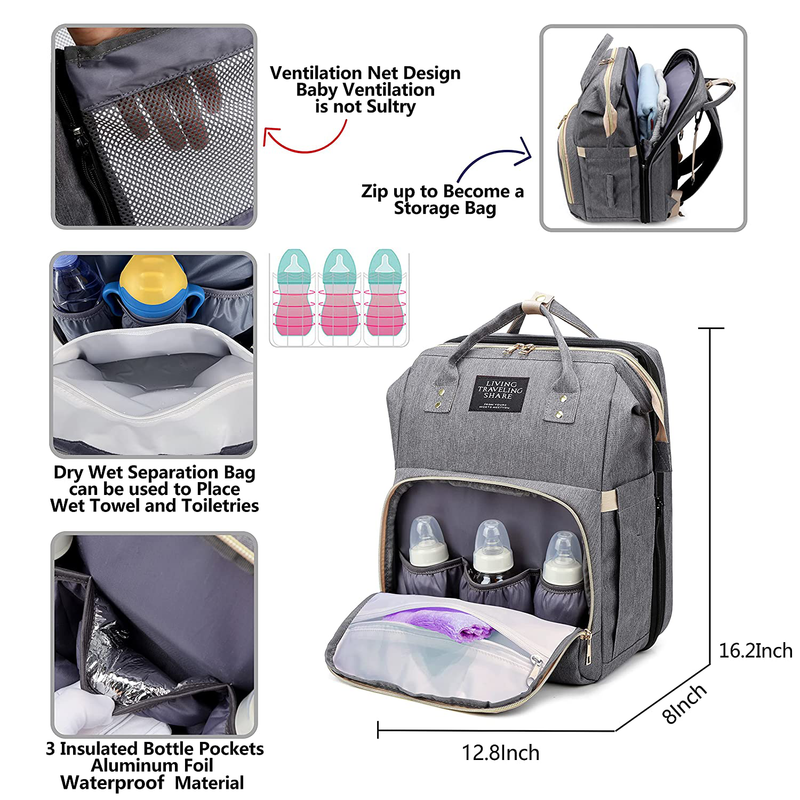 Diaper Bag Backpack, Baby Nappy Changing Bags Multifunctional Travel Backpack with Changing Station, Large Capacity, Waterproof, Sunshade, Breathable Mosquito Net, Baby Pillow Grey