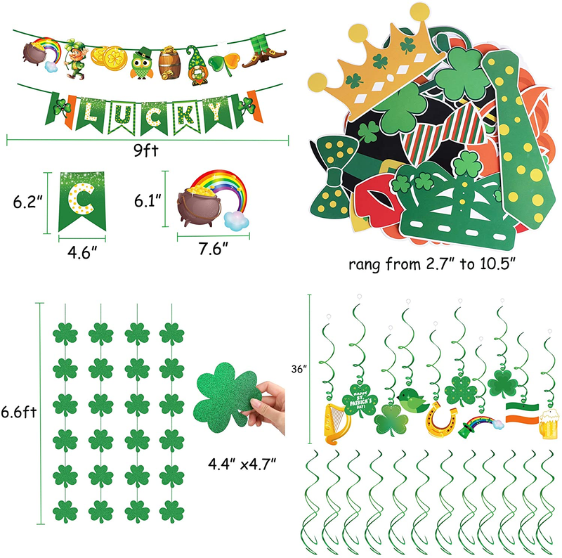 Jollylife 70PCS St. Patrick’S Day Decorations Party Set - Saint Patty Shamrock Banners Garlands Clover Hanging Swirls Photo Booth Props Balloons Supplies