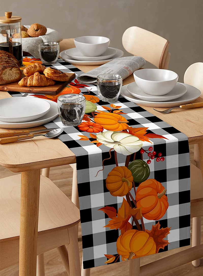 Meet 1998 Cotton Linen Table Runner Thanksgiving Pumpkin Fall Leaf Rectangle Tops Collection Black White Plaid Setting Decorations for Dinner Wedding Birthday Party Baby Shower -13X90 Inch Home & Garden > Decor > Seasonal & Holiday Decorations Meet 1998   