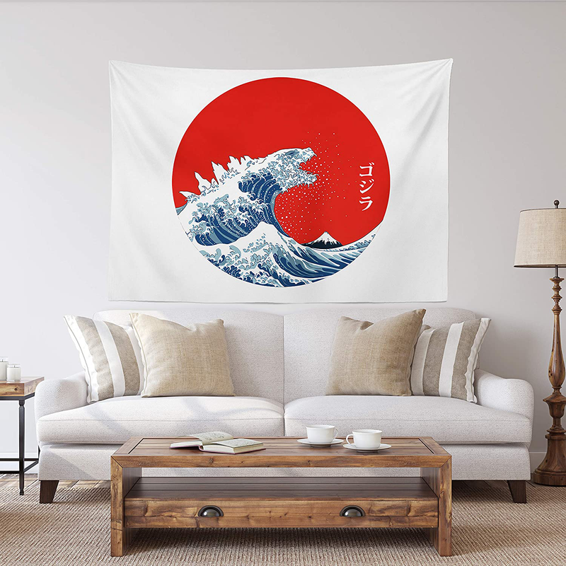 Spanker Space Ukiyoe Red White and Blue Japanese Mythical Creature The Great Waves Godzilla Fabric Tapestry 60 x 80 inches Wall Hangings with Hanging Accessories for Wall Art Home Dorm Decor Home & Garden > Decor > Seasonal & Holiday Decorations SPANKER SPACE Godzilla Red 48" L x 60" W 