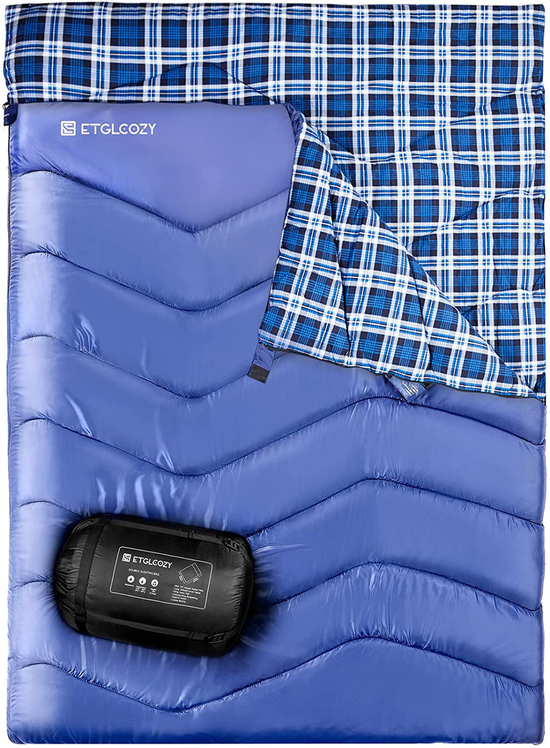 Double Sleeping Bag for Adults Camping, Extra Wide 2 Person Waterproof Cotton Flannel Sleeping Bag for 3-Season Warm & Cold Weather, Lightweight with Compact Bag for Hiking Backpacking, 87" Hx63 W Sporting Goods > Outdoor Recreation > Camping & Hiking > Sleeping Bags ETGLCOZY   