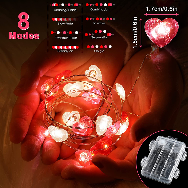Fairy String Lights 10 Feet LED Red Pink White Heart Shaped Twinkle Fairy Lights 8 Modes Battery Operated for Valentine'S Day Kids Bedroom Christmas Wedding Indoor Party Decor with Timer