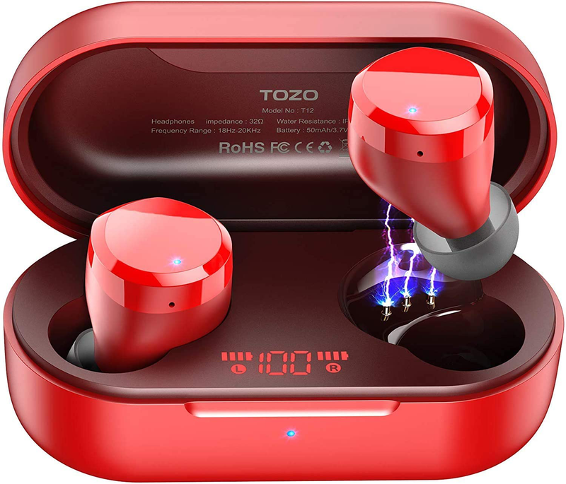 TOZO T12 Wireless Earbuds Bluetooth Headphones Premium Fidelity Sound Quality Wireless Charging Case Digital LED Intelligence Display IPX8 Waterproof Earphones Built-in Mic Headset for Sport Black Electronics > Audio > Audio Components > Headphones & Headsets > Headphones TOZO Red  