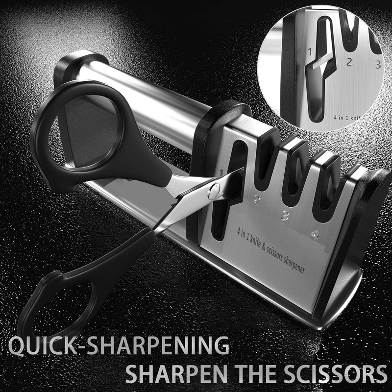 DEKEAN Knife Sharpener, 4 in 1 Kitchen Blade and Scissor Sharpening Tool, Professional Chef's Kitchen Knife Accessories and Microfiber Wipe