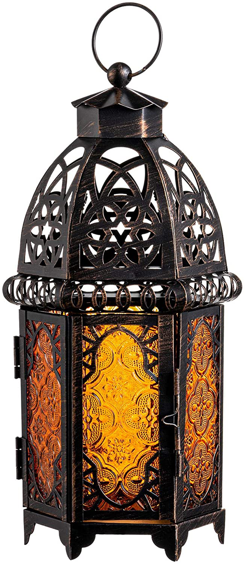 DECORKEY Vintage Large Size Candle Lantern, 12.8inch Moroccan Style Decorative Hanging Lantern, Metal Tabletop Lantern, Halloween Candle Holders for Outdoor Patio (Amber) Home & Garden > Decor > Home Fragrance Accessories > Candle Holders DECORKEY Amber  