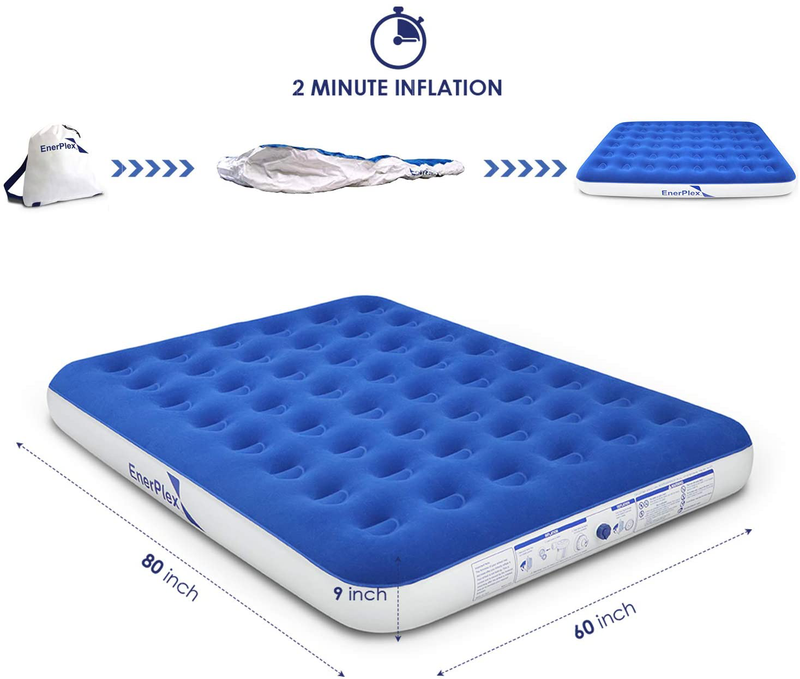 EnerPlex Never-Leak Camping Series Queen Camping Airbed with High Speed Pump Luxury Queen Size Air Mattress Single High Inflatable Blow Up Bed for Home Camping Travel – Blue/White  EnerPlex   