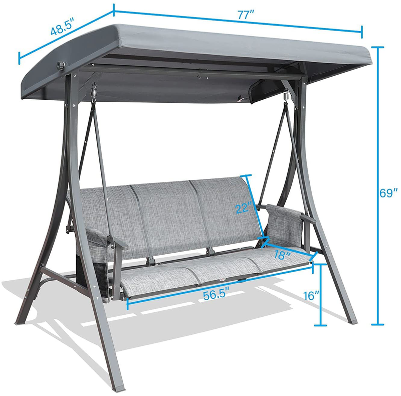 GOLDSUN Durable 3 Person Outdoor Patio Swing Chair with Side Pocket Bag Weather Resistant Canopy Steel Frame Swinging Bench for Balcony,Garden, Porch,Deck and Poolside(Grey) Home & Garden > Lawn & Garden > Outdoor Living > Porch Swings GOLDSUN   