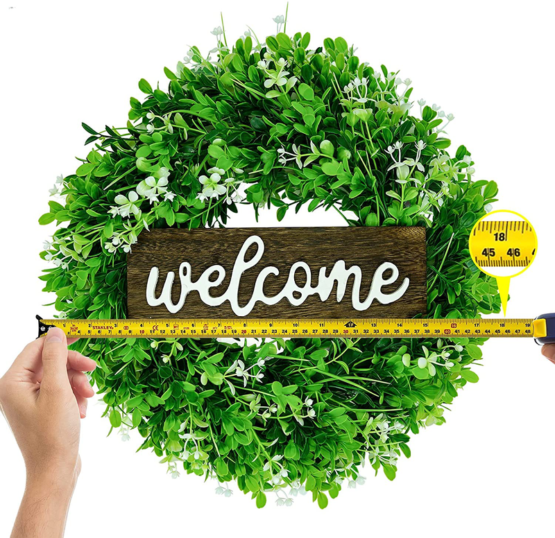 Homebelle Welcome Sign with Boxwood Wreaths Front Door Porch Decor, 18Inch Welcome Wreath with Wooden Sign, Artificial Green Leaves Wreath Greenery Wreath for Front Door Window Home Decoration Home & Garden > Decor > Seasonal & Holiday Decorations HomeBelle   