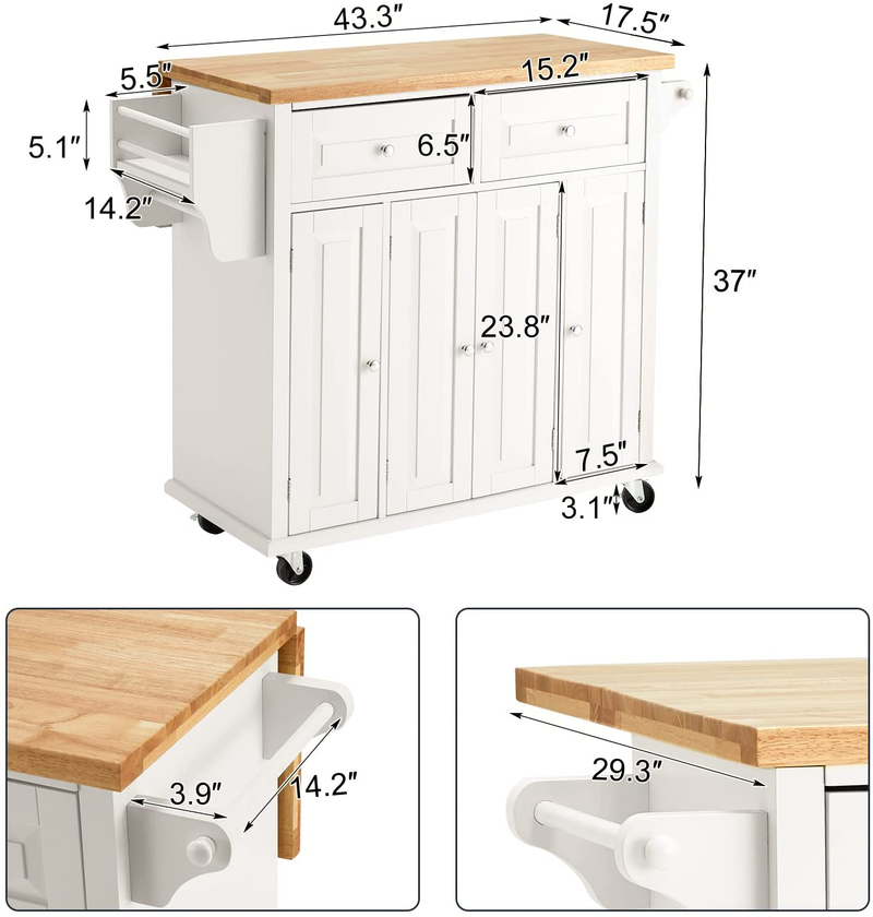 HOMHUM Rolling Kitchen Island Cart with Storage, Kitchen Cart with Drop-Leaf Rubber Wood Tabletop, Lockable Wheels, Trolley Cart Utility Cabinet, Towel Rack, Spice Rack Beige