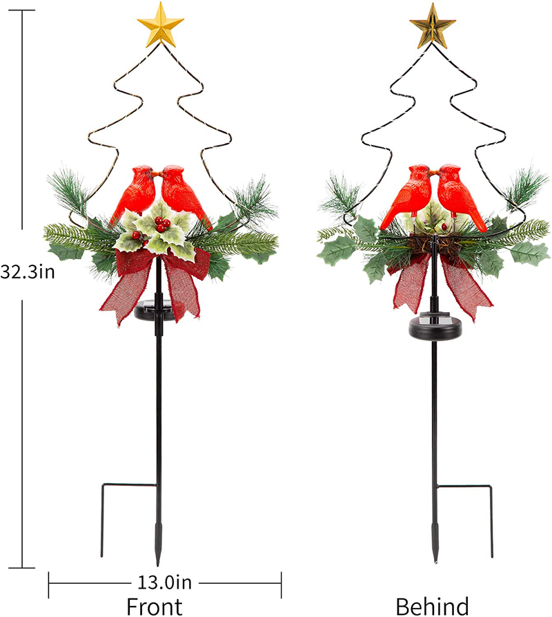 SOWSUN Solar Christmas Decorations Outdoor LED Lights, Waterproof Red Birds Xmas Tree Pathway Lights, Cemetery Grave Decorations,Star Christmas Ornament Stakes for Garden Lawn Yard Cemetery, Set of 2