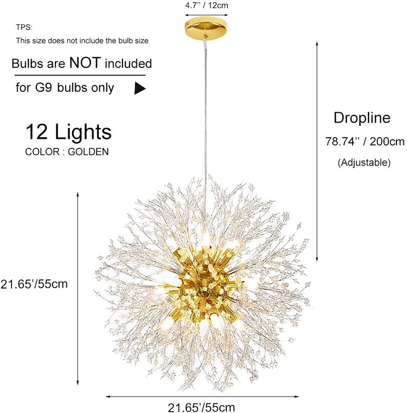 Qamra Modern Crystal Gold Chandeliers, Firework Dandelion Sputnik Chandelier Light Fixture Pendant Lighting for Dining Room, Bedroom, Kitchen, Living Room(12-Light, Gold)