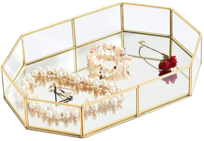 Polbecky Vintage Makeup Jewelry Organizer Mirrored Glass Tray Handmade Home Decorative Metal Vanity Tray,Gold Leaf Finish(12.4"x8.5"x1.9") Home & Garden > Decor > Decorative Trays Polbecky Default Title  
