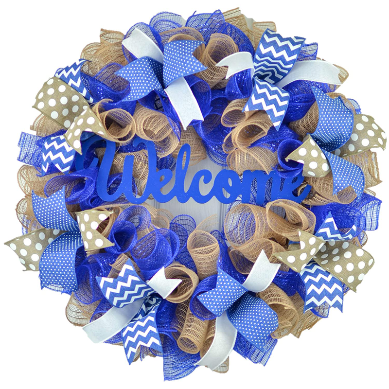 Front Door Welcome Wreaths - Mothers Day Gift - Burlap Everyday Year Round Outdoor Decor - Black Jute White - M5 Home & Garden > Decor > Seasonal & Holiday Decorations Pink Door Wreaths Royal Blue/Jute/White Welcome 
