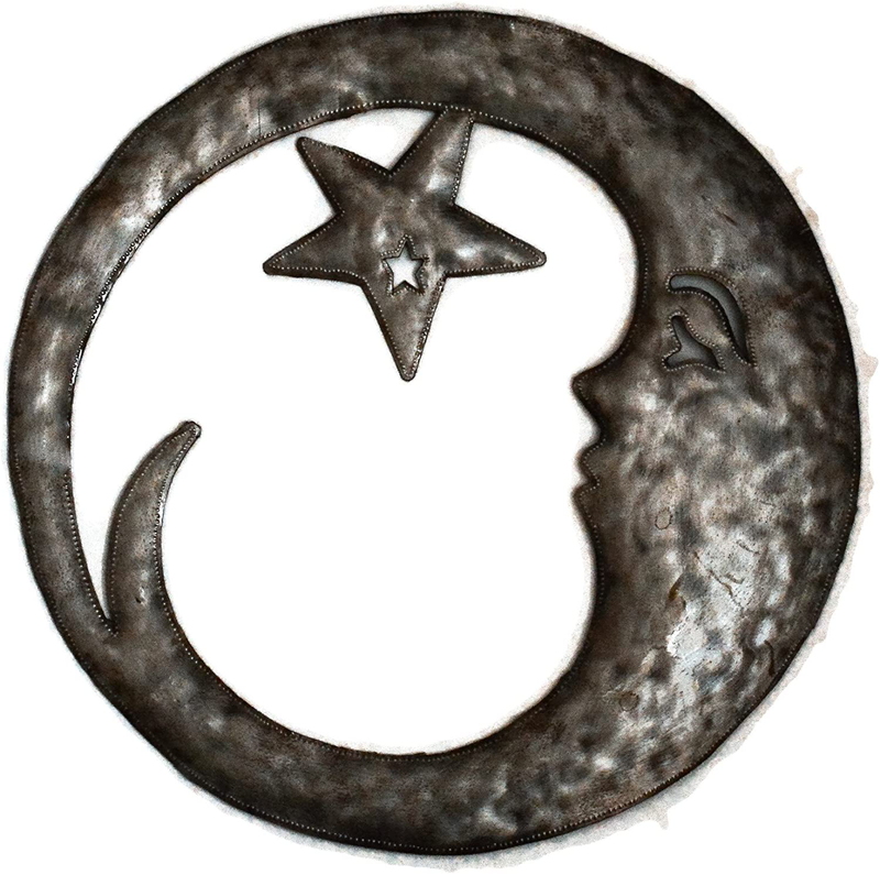 Crescent Moon with Star Wall Hanging Decorative Sculpture, Outdoor Home Decor, Handmade from Recycled Steel Barrels 15 x 15 Inches