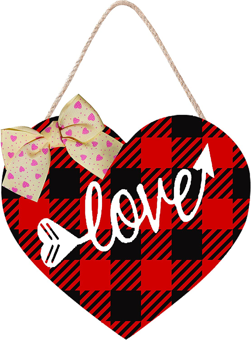 CYNOSA Valentines Day Door Sign for Front Door Heart Love Valentines Hanging Sign Red and Black Buffalo Plaid Wooden Door Hanger Wreath Outdoor Wall Decor Home & Garden > Decor > Seasonal & Holiday Decorations CYNOSA Red  