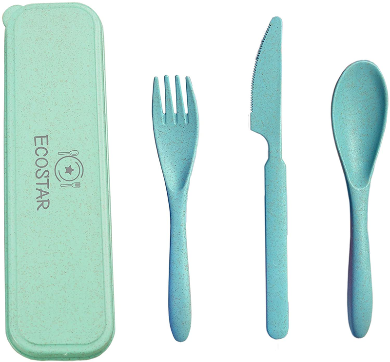 ECOSTAR Portable Wheat Straw Cutlery Set, 3-Piece Reusable Eco-Friendly BPA Free Utensils including Biodegradable Knife Spoon Fork and Travel Case - Great for Kids and Adults (Blue, 1)