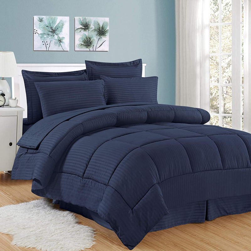 Sweet Home Collection 8 Piece Comforter Set Bag with Unique Design, Bed Sheets, 2 Pillowcases & 2 Shams Down Alternative All Season Warmth, Queen, Dobby Gray Home & Garden > Linens & Bedding > Bedding Sweet Home Collection Dobby Navy King 