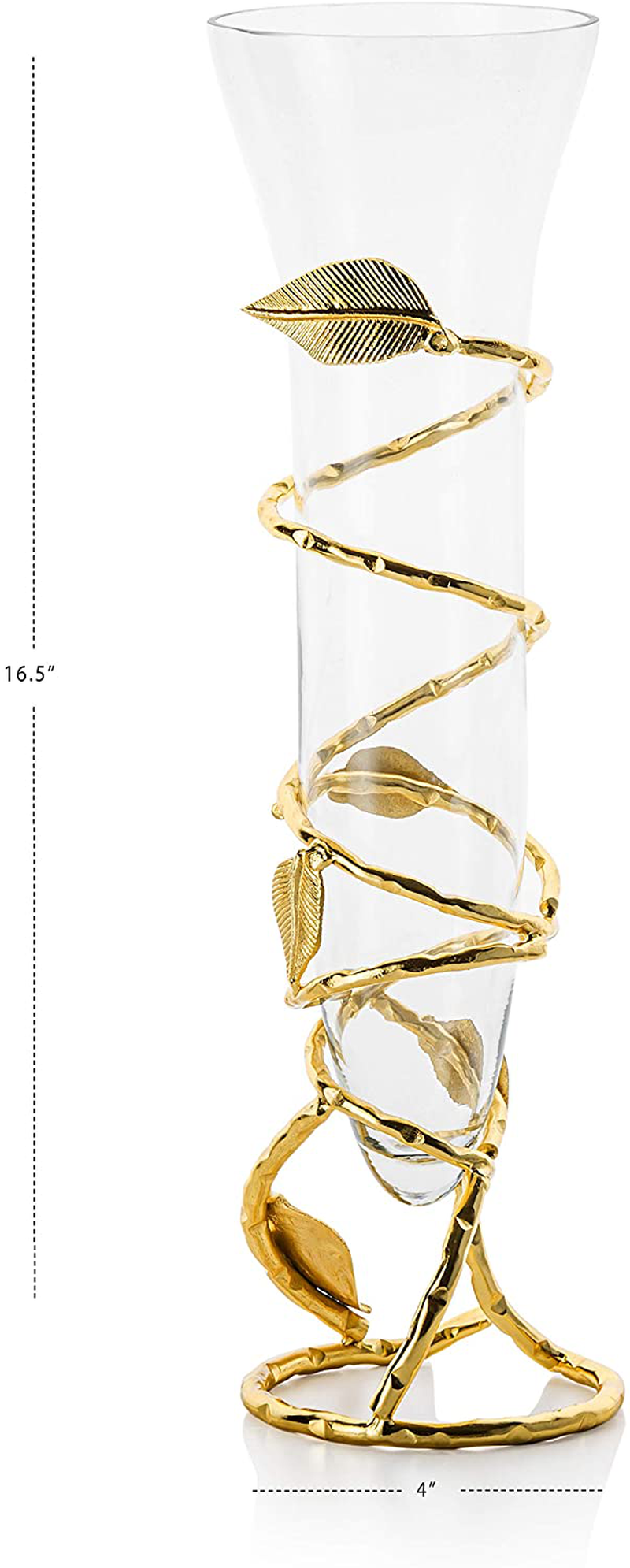 Clear Glass Vase with Gold Leaf Design Base-Measures: 16" H