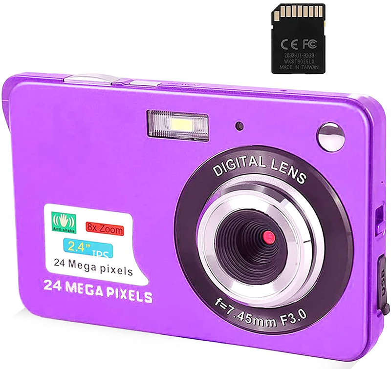 Digital Camera,2.4 Inch FHD Pocket Cameras Rechargeable 24MP Camera for Backpacking with 8X Digital Zoom Compact Cameras for Photography with sd card 32GB Cameras & Optics > Cameras > Digital Cameras CamKing Purple  