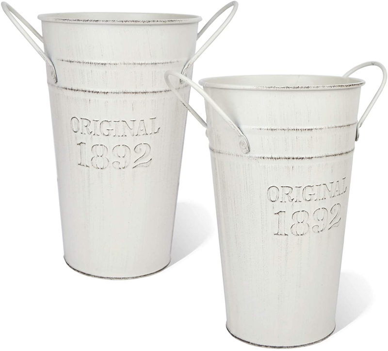 LESEN 12 Inch Vintage Metal Galvanized Flower Vase - Set of 2 - Farmhouse French Bucket - Table Centerpiece Rustic Home Decor for Fresh and Dried Floral Arrangements for Home and Weddings Home & Garden > Decor > Vases LESEN Vintage Off White（8 Inch）  