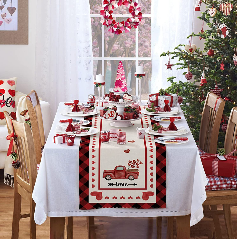 Sambosk Buffalo Plaid Valentines Day Table Runner, Red Truck with Love Heart Table Runners for Kitchen Dining Coffee or Anniversary Wedding Indoor and Outdoor Home Parties Decor 13 X 72 Inches SK052 Home & Garden > Decor > Seasonal & Holiday Decorations Sambosk   