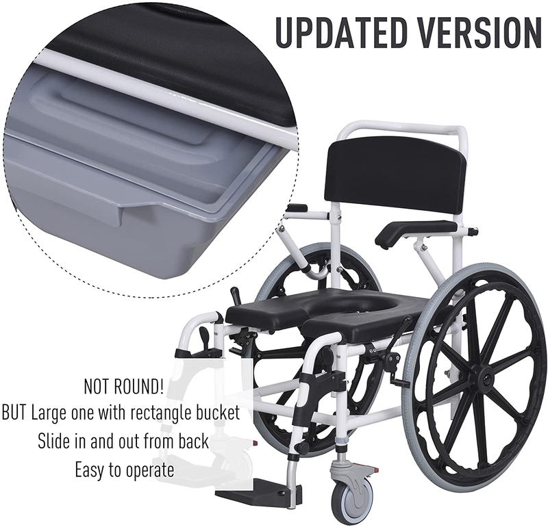Homcom Rolling Shower Wheelchair Bath Toilet Commode Bariatric with 24" Wheels, Detachable Bucket & Shower-Proof Design, Black Sporting Goods > Outdoor Recreation > Camping & Hiking > Portable Toilets & Showers Aosom LLC   