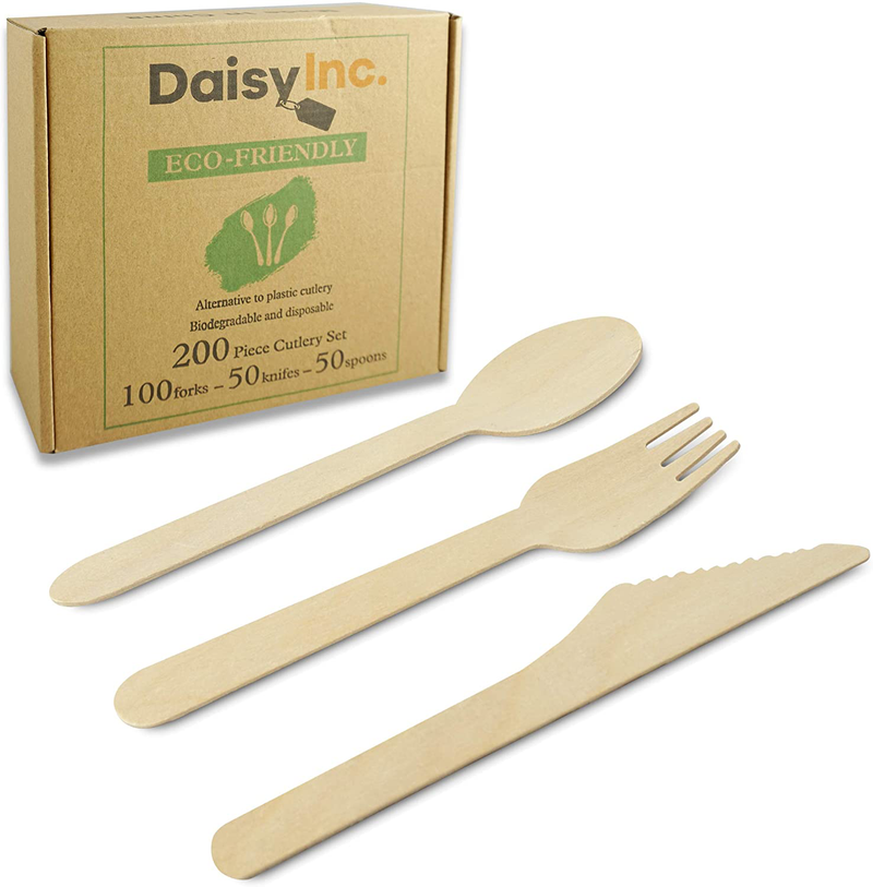 Eco-Friendly 200 Piece Disposable Wooden Cutlery. Biodegradable + Compostable. 100 Forks + 50 Knives + 50 Spoons Home & Garden > Kitchen & Dining > Tableware > Flatware > Flatware Sets Daisy Default Title  