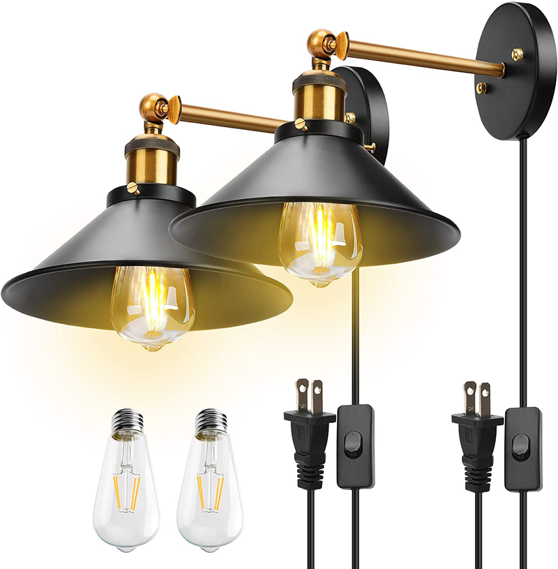JACKYLED Retro Plug in Wall Sconces with LED Bulb Black Hardwire Industrial Vintage Wall Lamp Fixtures for Indoor Bedroom Set of 2