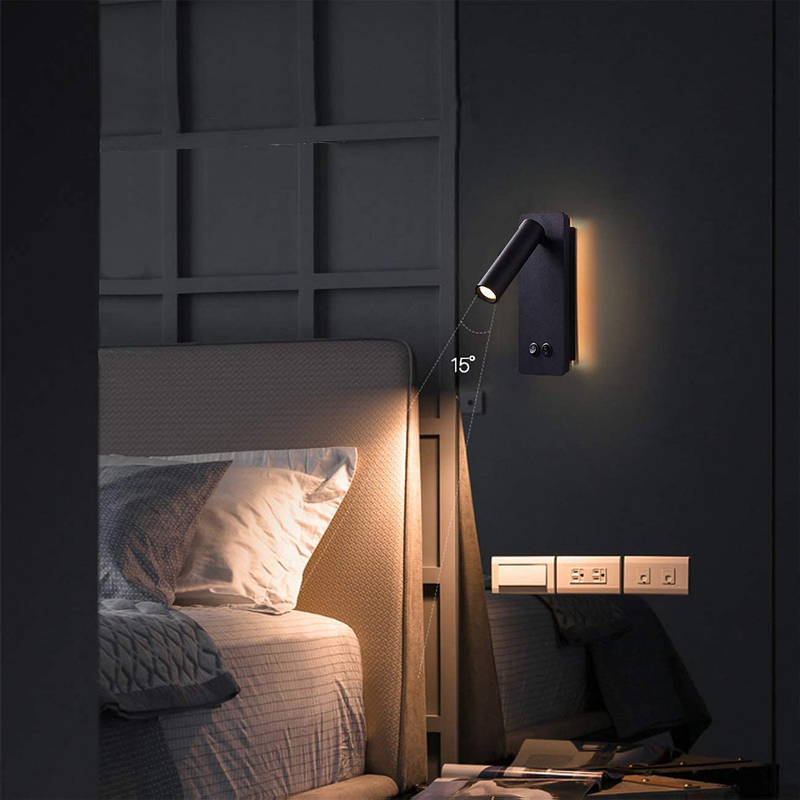 LED Wall Lamp Plug in for Bedroom Bedside Wall Sconces Set of Two Black Reading Light 3W+6W Night Light 3000K Home & Garden > Lighting > Lighting Fixtures > Wall Light Fixtures KOL DEALS   