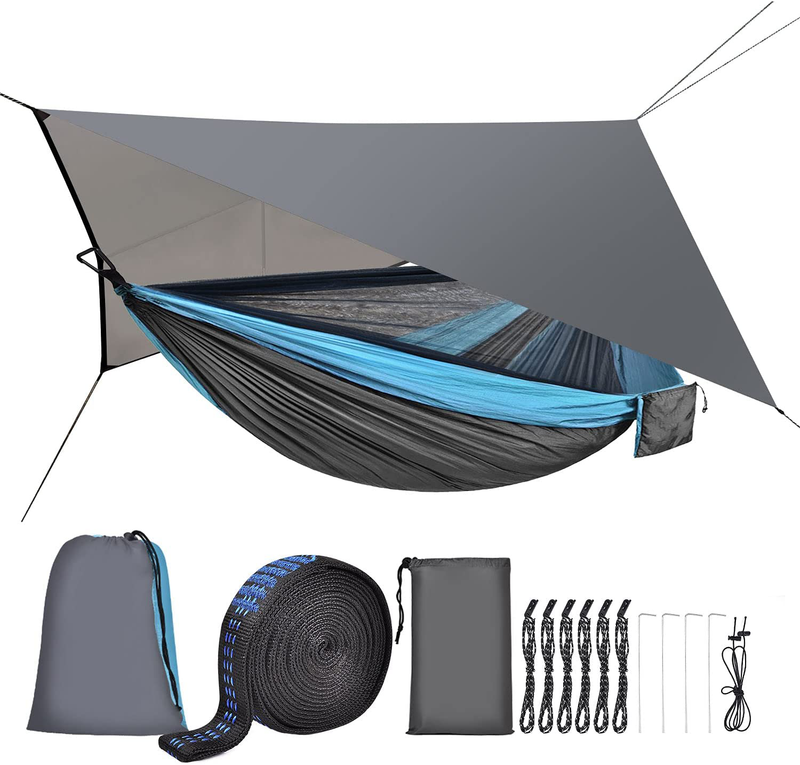 FIRINER Camping Hammock with Rain Fly Tarp and Mosquito Net Tent Tree Straps, Portable Single Double Nylon Parachute Hammock Rainfly Set for Backpacking Hiking Travel Yard Outdoor Activities Home & Garden > Lawn & Garden > Outdoor Living > Hammocks FIRINER Grey + Blue  