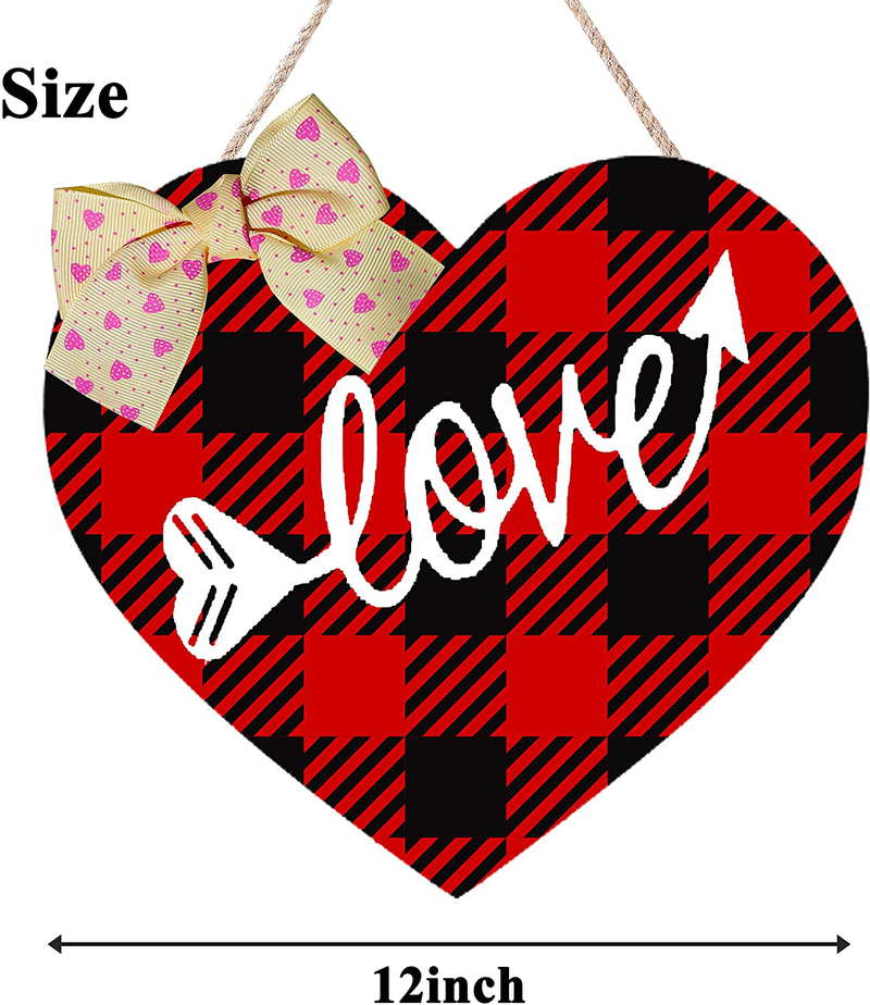CYNOSA Valentines Day Door Sign for Front Door Heart Love Valentines Hanging Sign Red and Black Buffalo Plaid Wooden Door Hanger Wreath Outdoor Wall Decor Home & Garden > Decor > Seasonal & Holiday Decorations CYNOSA   